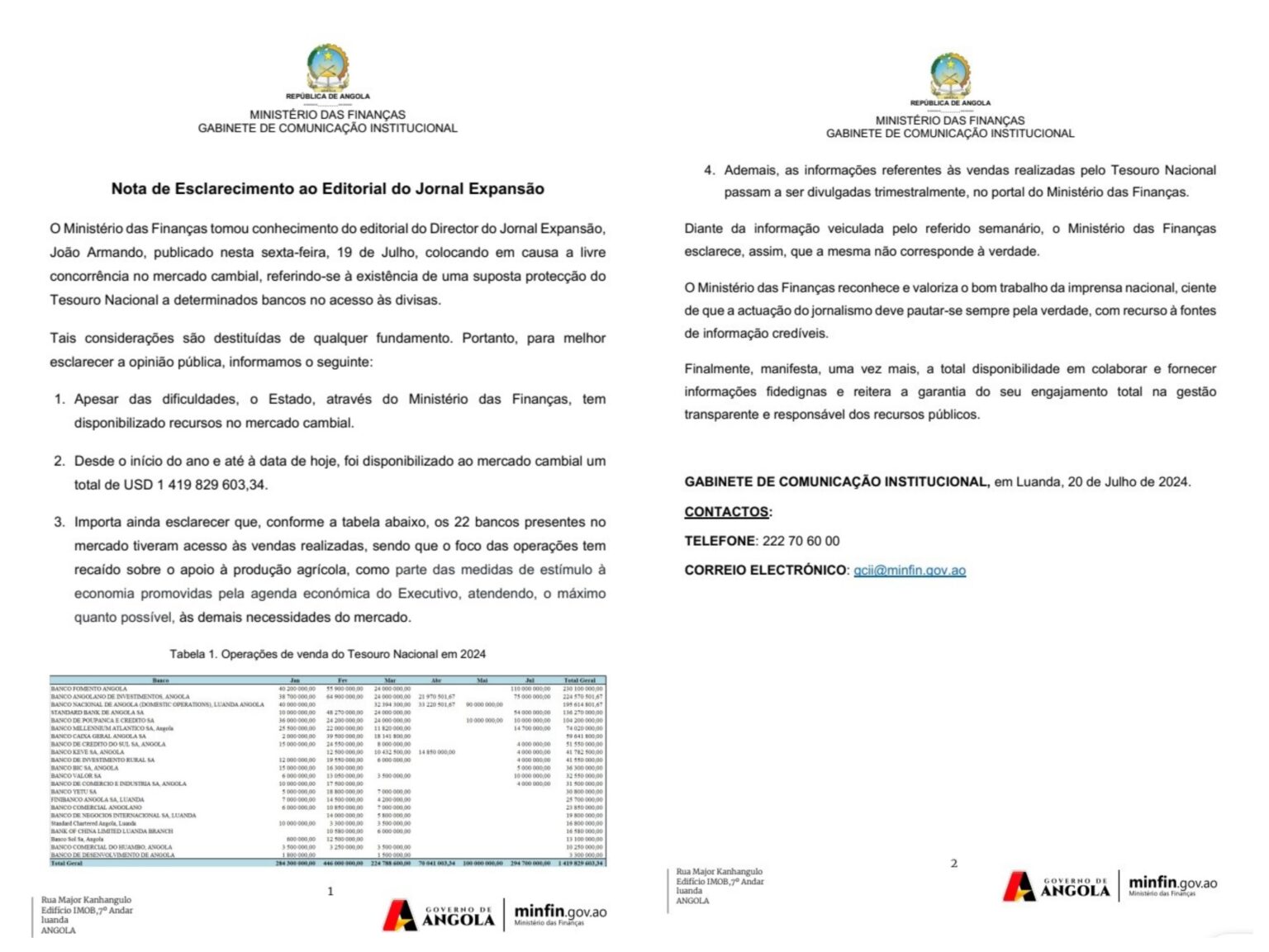 MINISTÉRIO DAS FINANÇAS DESMENTE EDITORIAL DO JORNAL EXPANSÃO